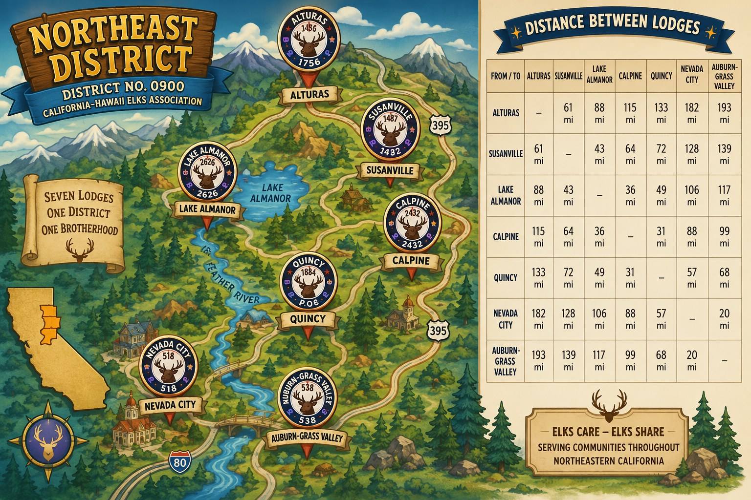 Illustrated Northeast District map showing the seven Lodge communities and distances between them